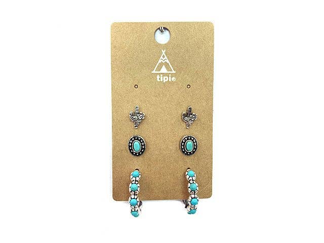 Western 3 Pair Turquoise Hoop Earring Set