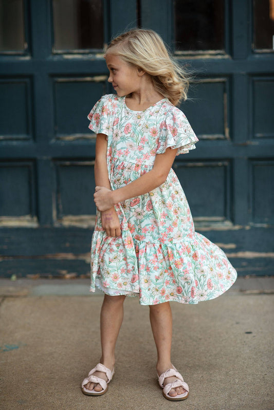 Kids Vintage Beige Floral Spring Easter Flutter Sleeve Dress