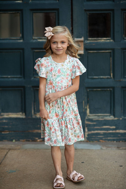 Kids Vintage Beige Floral Spring Easter Flutter Sleeve Dress