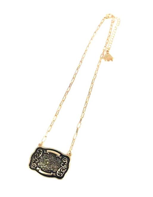 Necklace with a decorative pendant in the shape of a western belt buckle on a white background