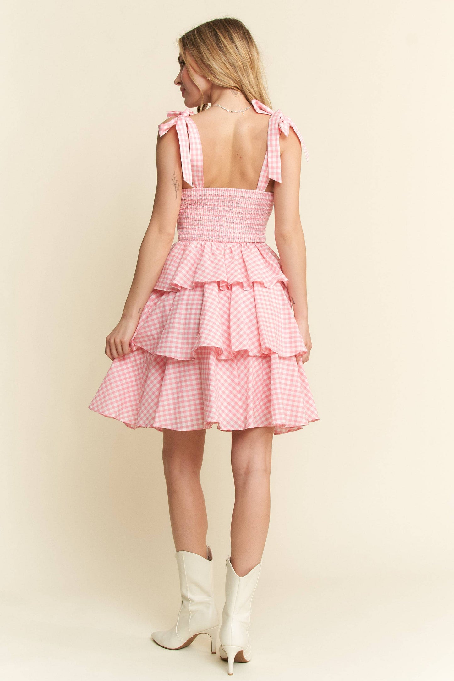 GINGHAM TIERED MINI DRESS