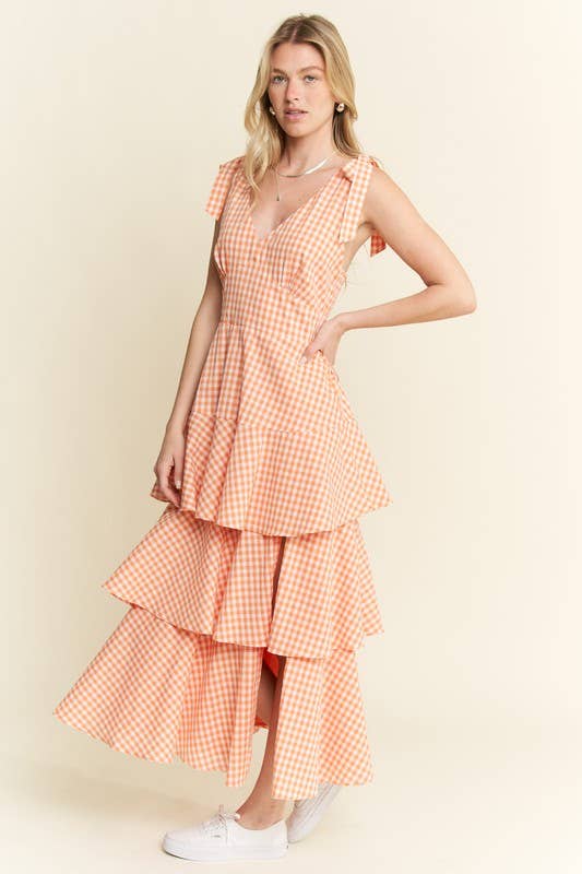 GINGHAM TIERED MIDI DRESS