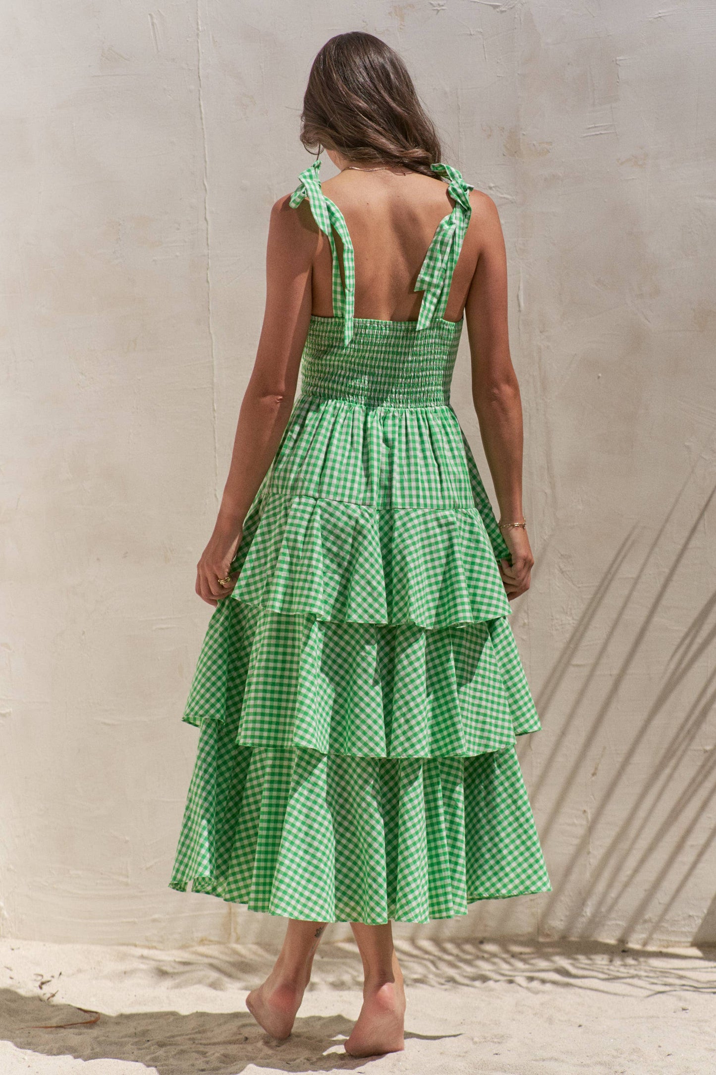 GINGHAM TIERED MIDI DRESS