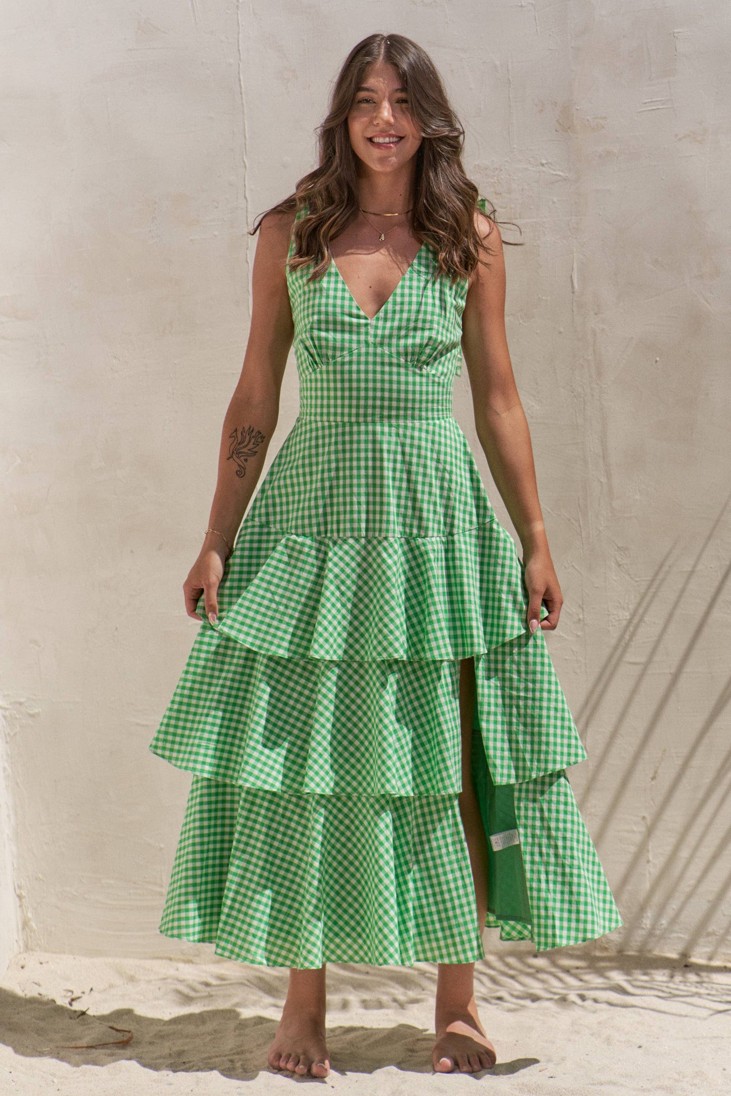 GINGHAM TIERED MIDI DRESS