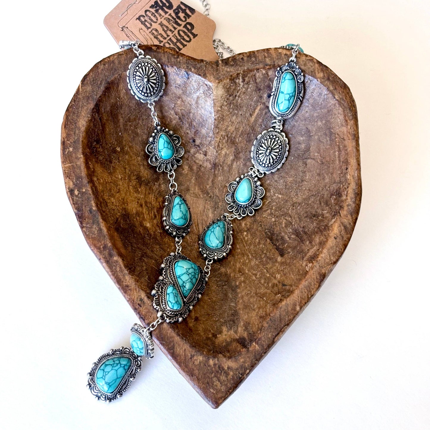 Turquoise Stone Western Concho Y Drop Necklace
