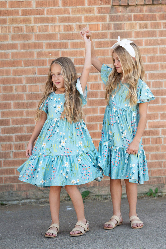 Girls Emma Teal Spring Willow Floral Flutter Sleeve Dress