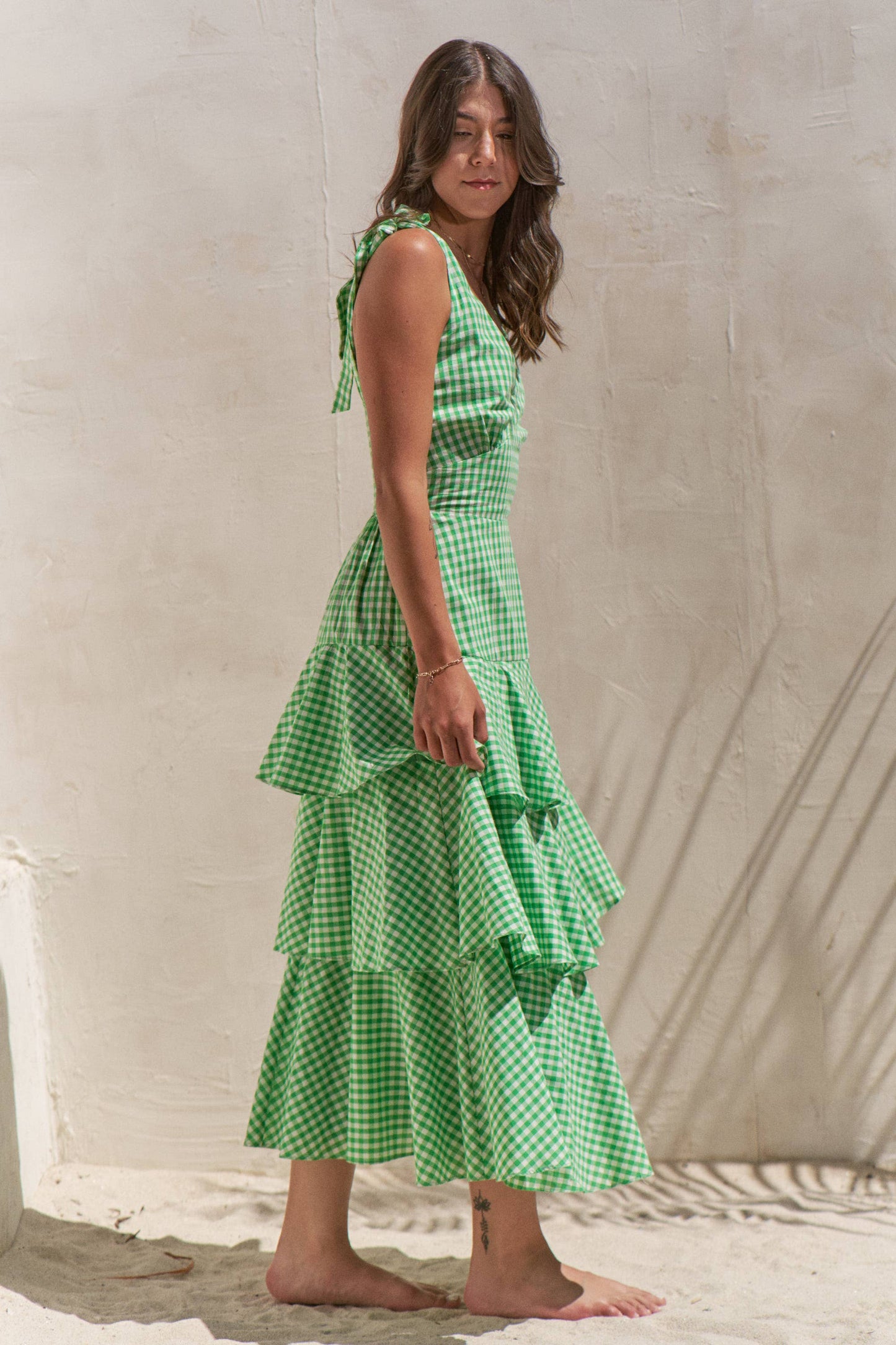 GINGHAM TIERED MIDI DRESS