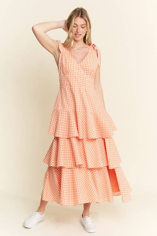 GINGHAM TIERED MIDI DRESS