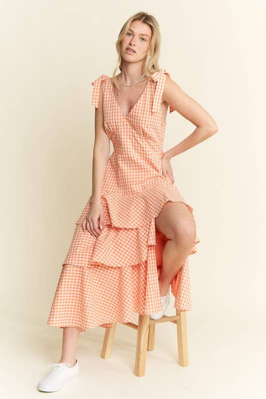 GINGHAM TIERED MIDI DRESS