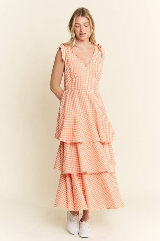 GINGHAM TIERED MIDI DRESS