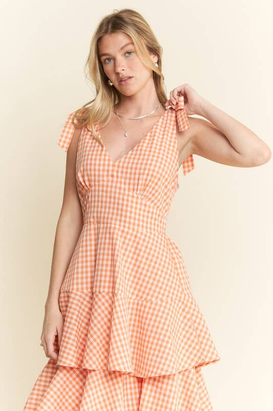 GINGHAM TIERED MIDI DRESS