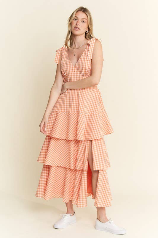 GINGHAM TIERED MIDI DRESS
