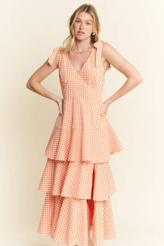 GINGHAM TIERED MIDI DRESS