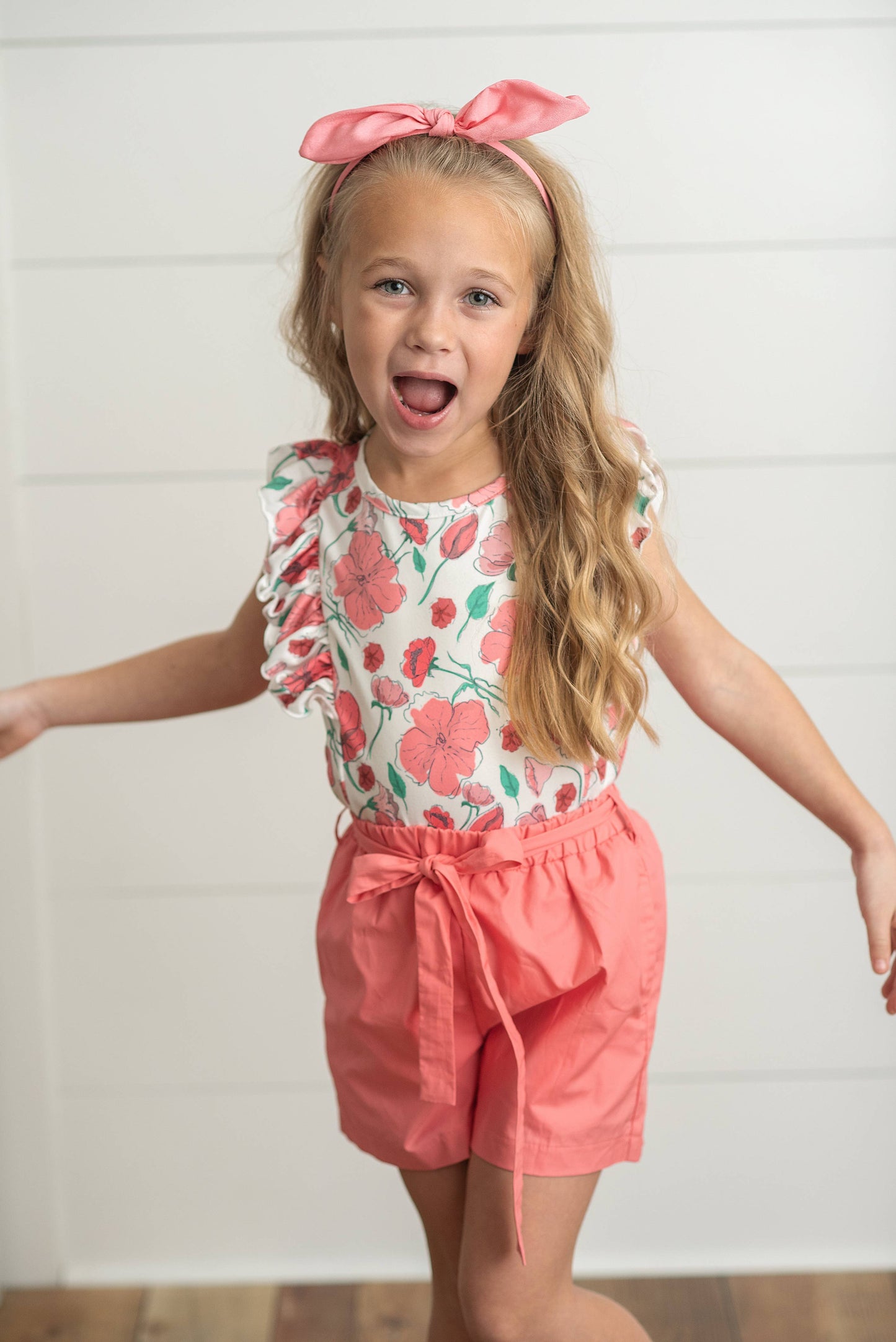 Kids Coral Pink Floral Ruffle Spring Summer Pocket Short Set