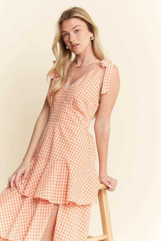 GINGHAM TIERED MIDI DRESS