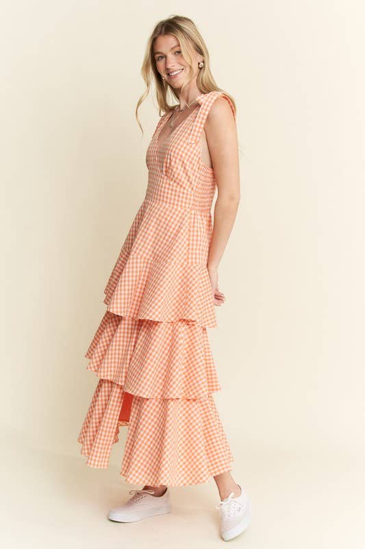 GINGHAM TIERED MIDI DRESS