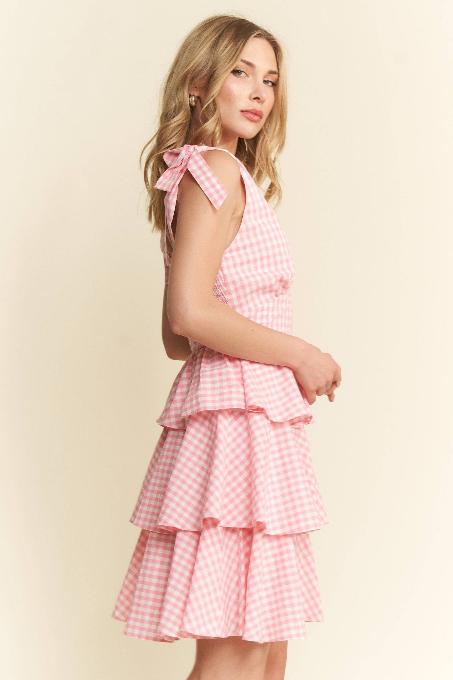 GINGHAM TIERED MINI DRESS