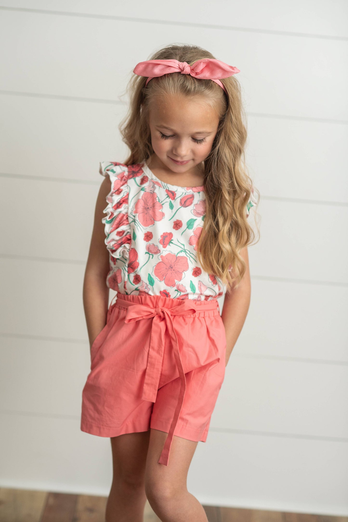 Kids Coral Pink Floral Ruffle Spring Summer Pocket Short Set