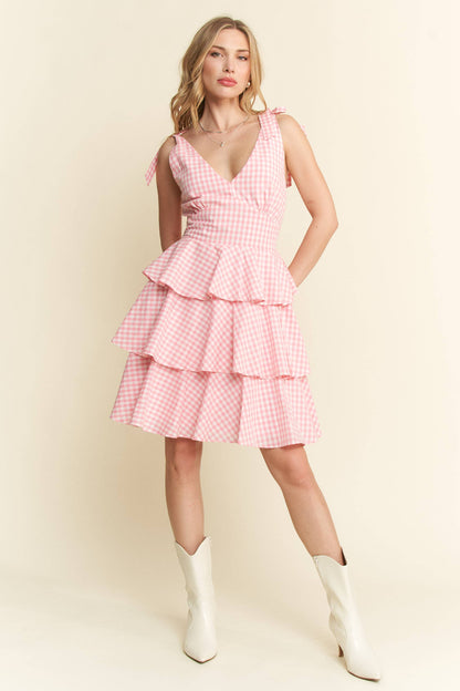 GINGHAM TIERED MINI DRESS