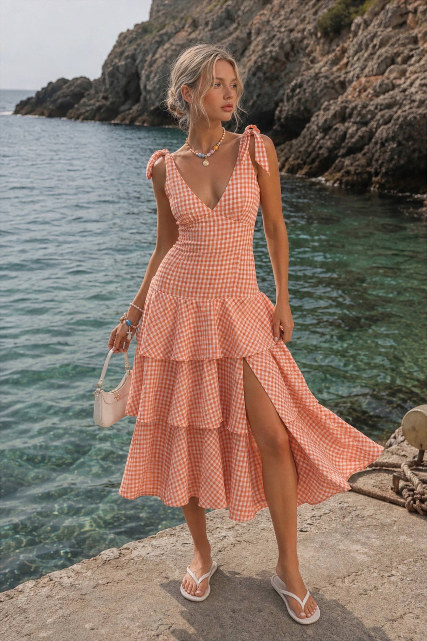 GINGHAM TIERED MIDI DRESS