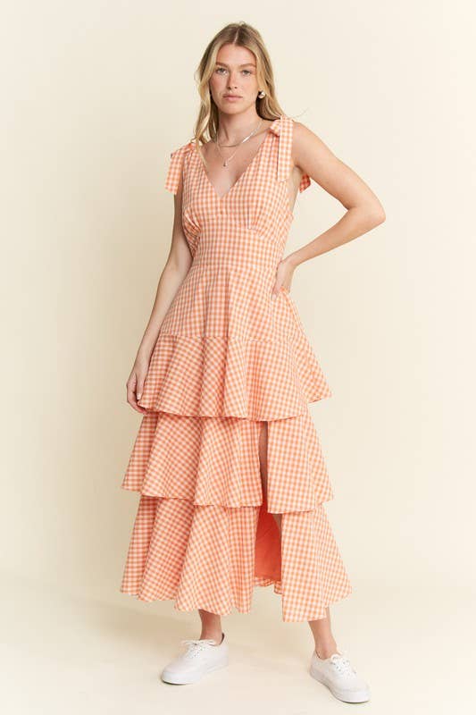 GINGHAM TIERED MIDI DRESS