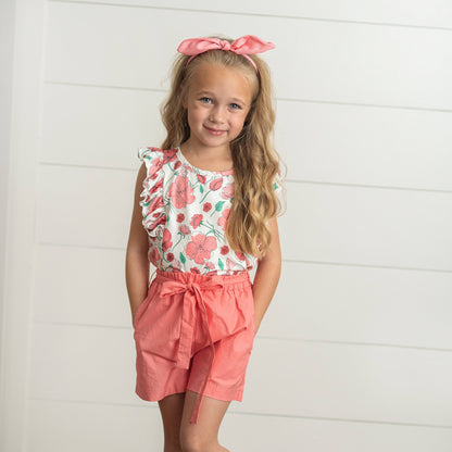 Kids Coral Pink Floral Ruffle Spring Summer Pocket Short Set