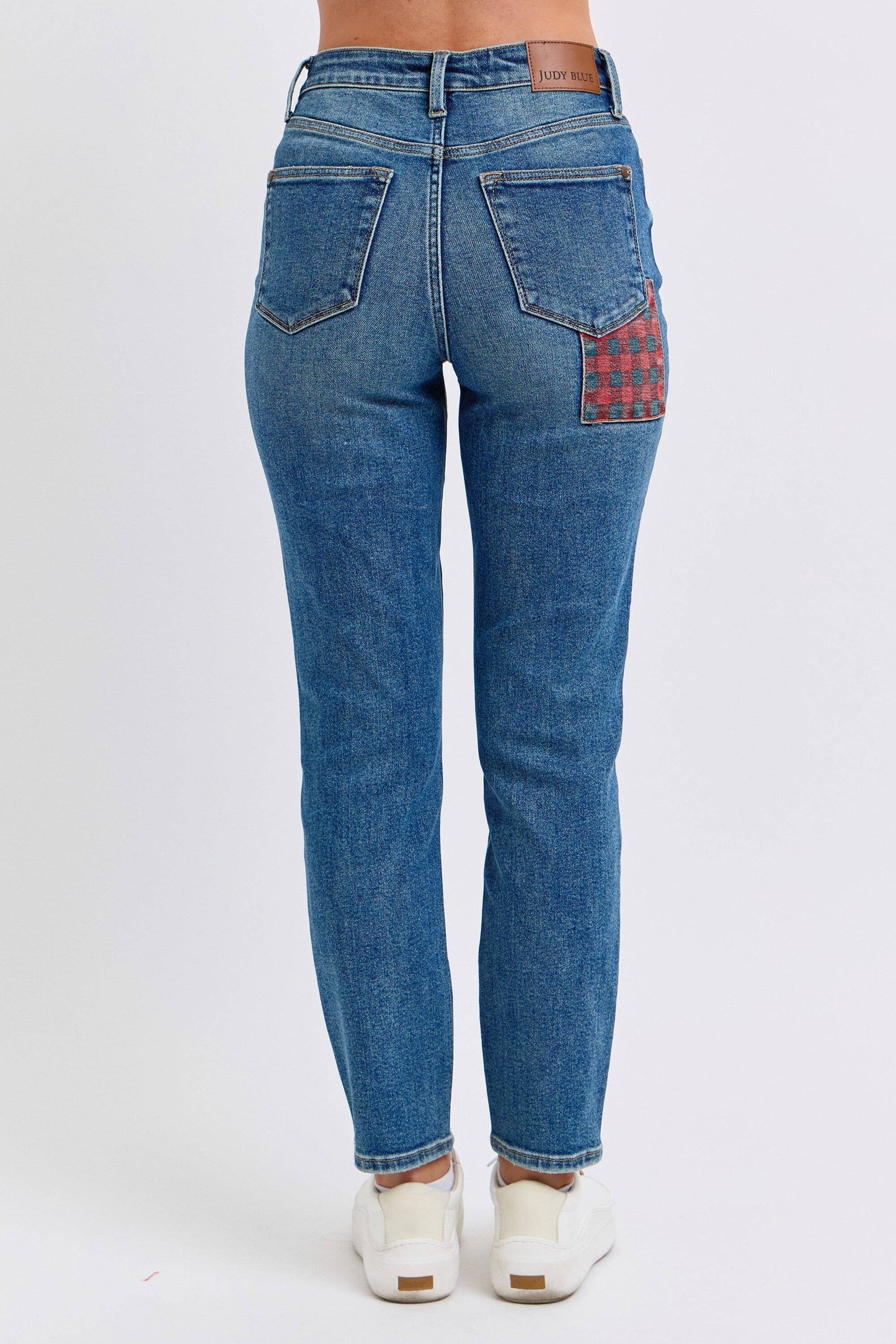 High Waisted Plaid Patch Slim