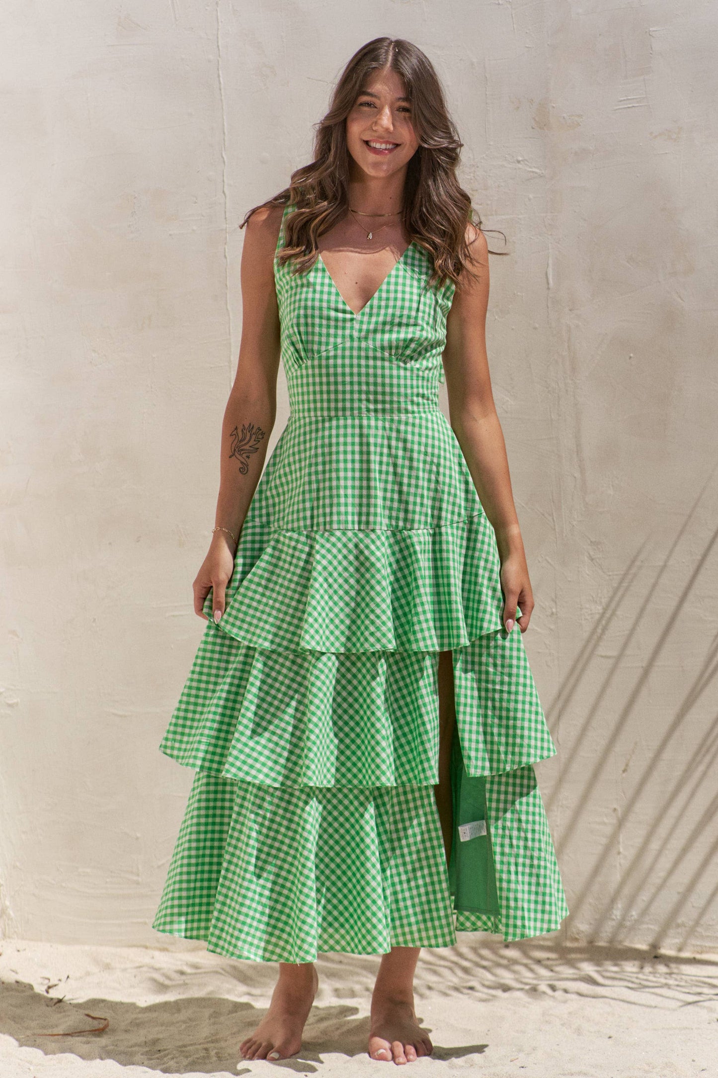 GINGHAM TIERED MIDI DRESS