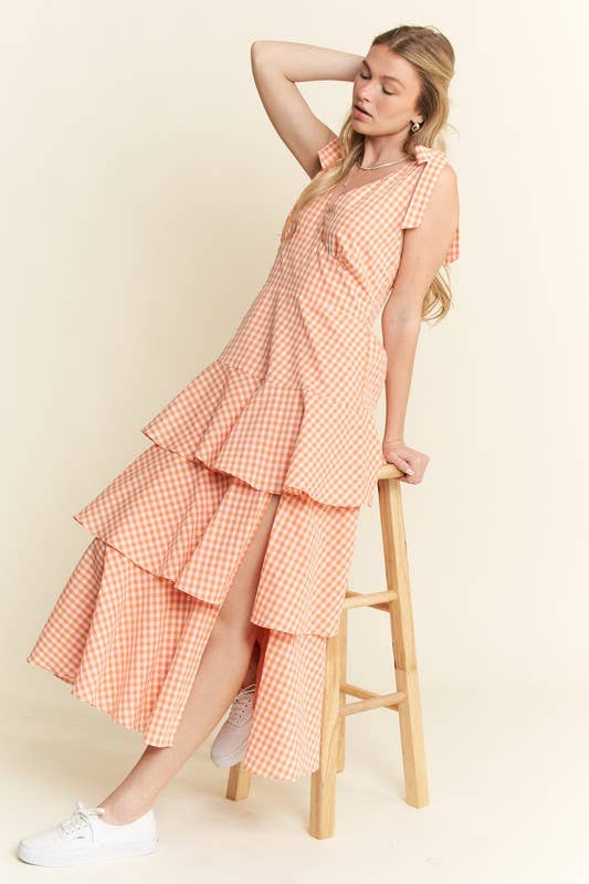 GINGHAM TIERED MIDI DRESS