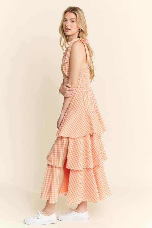 GINGHAM TIERED MIDI DRESS