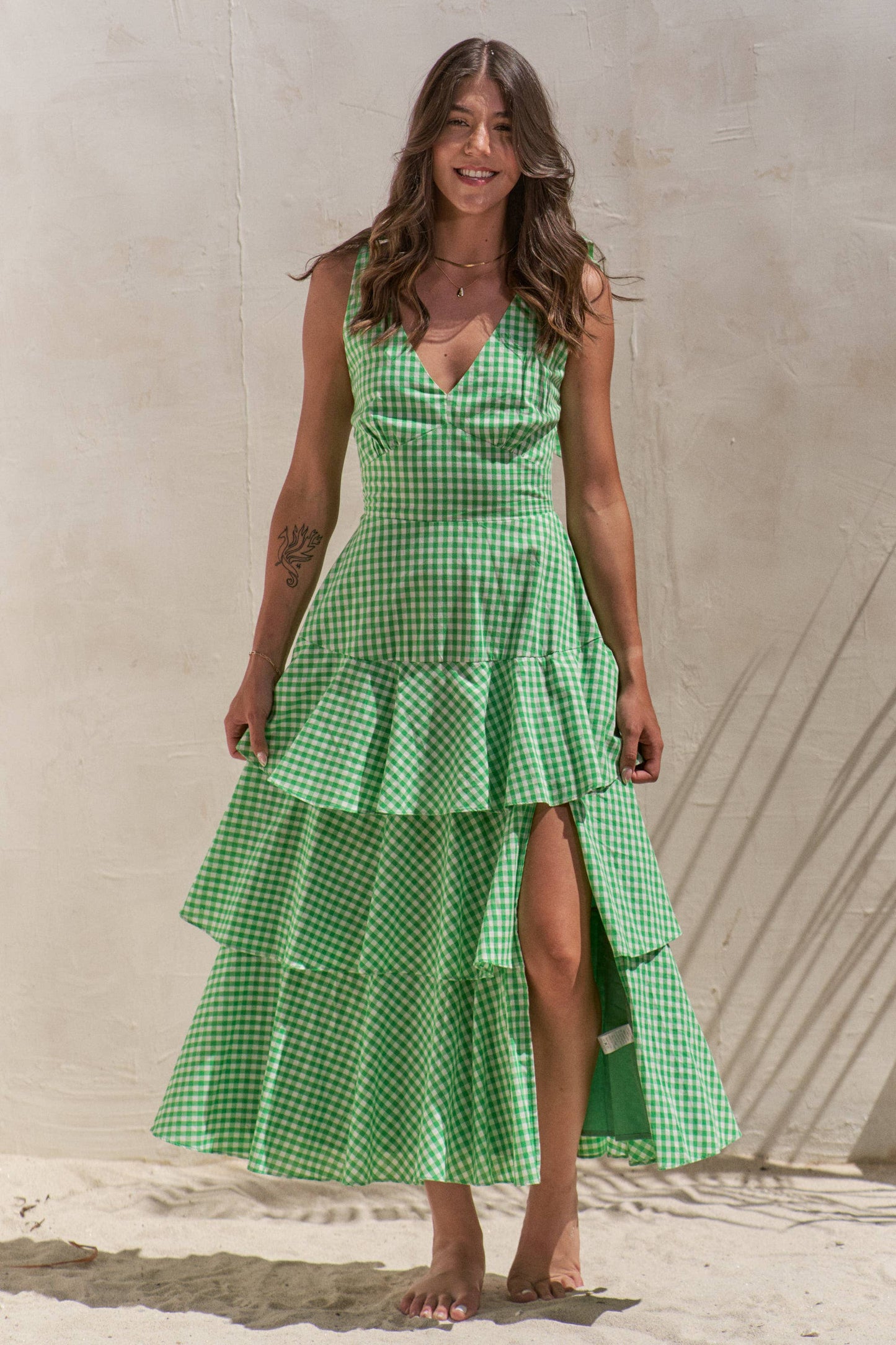 GINGHAM TIERED MIDI DRESS