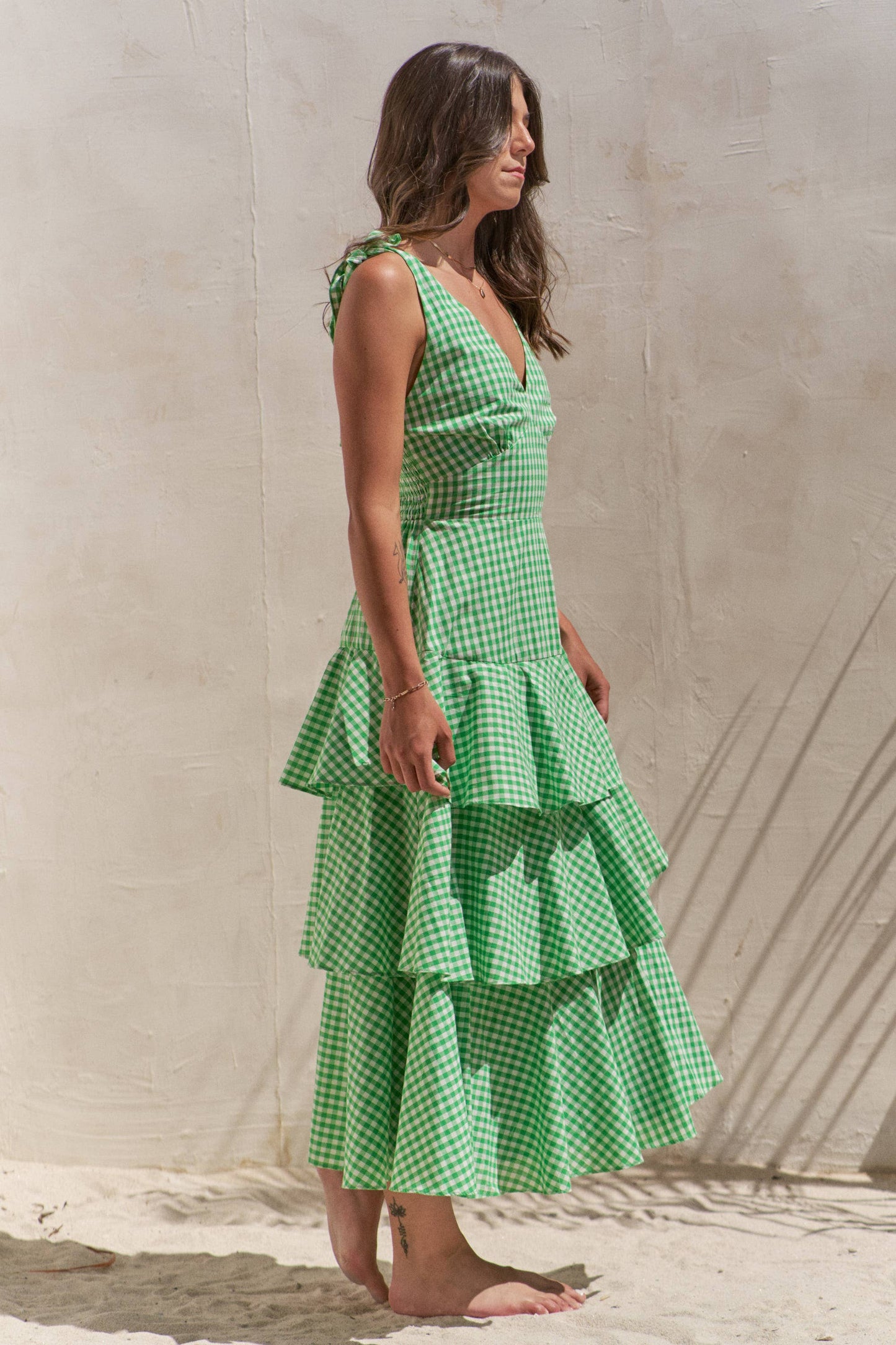 GINGHAM TIERED MIDI DRESS
