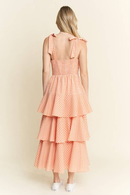 GINGHAM TIERED MIDI DRESS